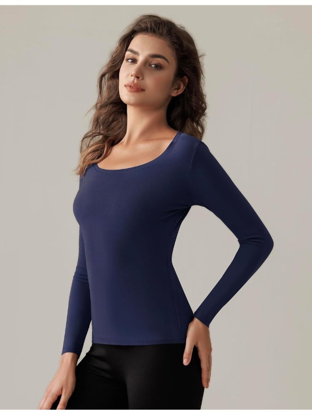 Women's Navy Blue Long Sleeve Scoop Neck Soft Double Fleece Lined Tops T Shirts